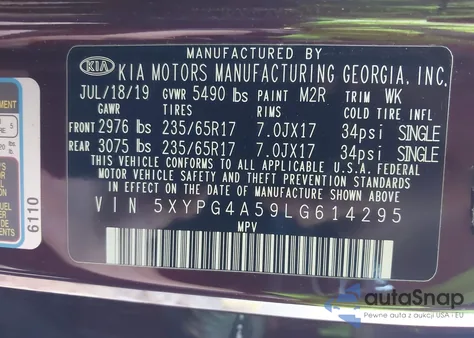 2020 Kia Sorento 3.3L Lx из США, поврежденный, VIN 5XYPG4A59LG614295